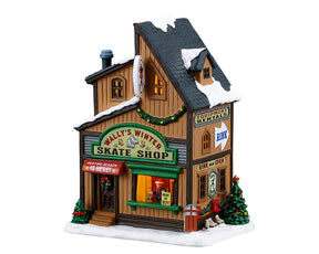 Wally's Winter Skate Shop hus med lys til juleby fra Lemax