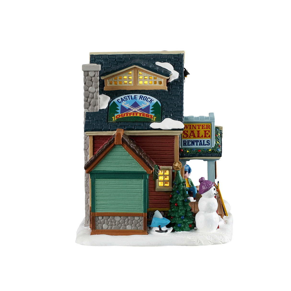 Castle Rock Ski Outfitters hus med lys til juleby fra Lemax set fra siden med snemand