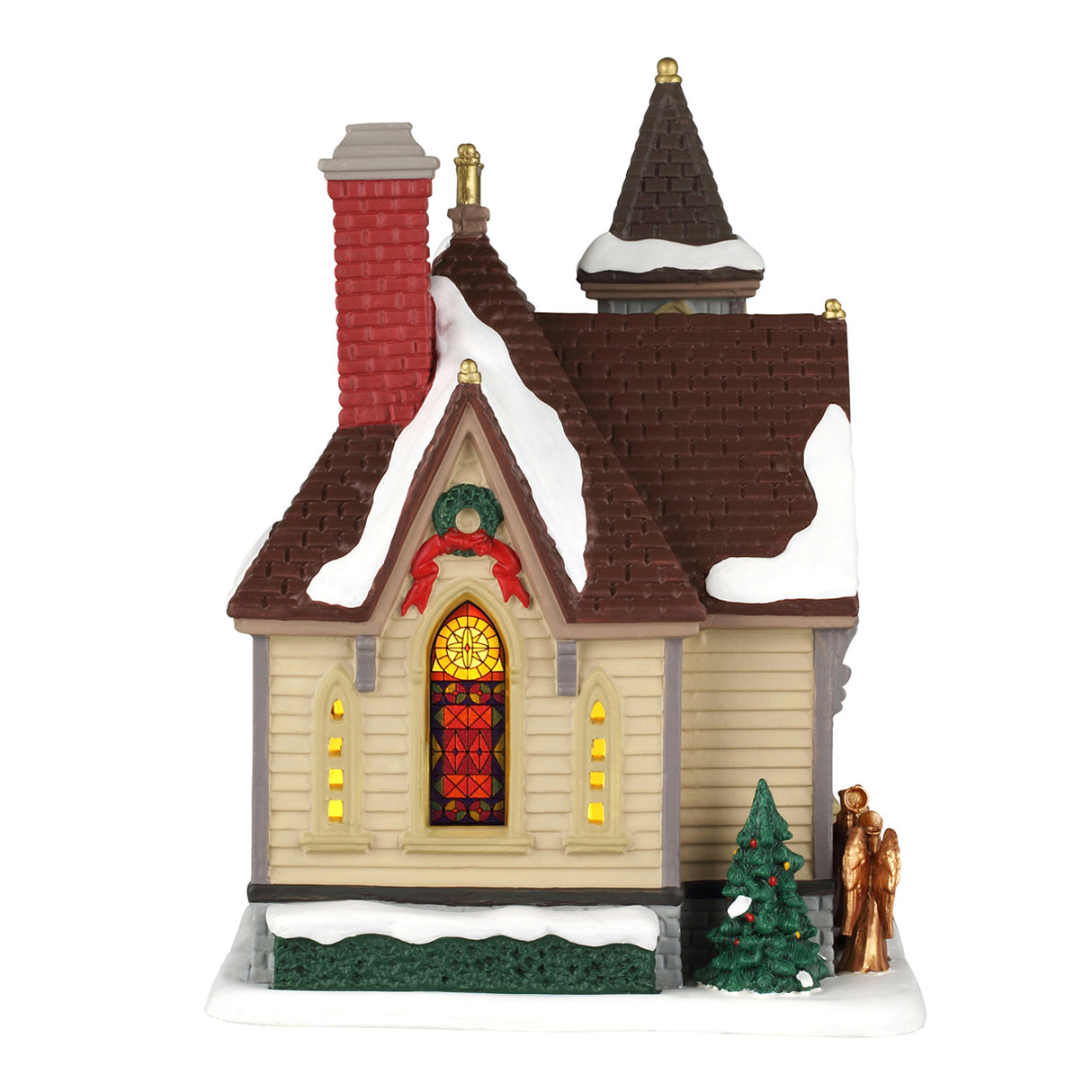 Maple Lane Chapel kirke til julelandskab fra Lemax set fra siden med pyntet grantræ