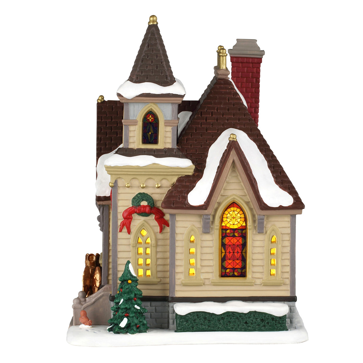 Maple Lane Chapel kirke til julelandskab fra Lemax set fra siden med klokketårn