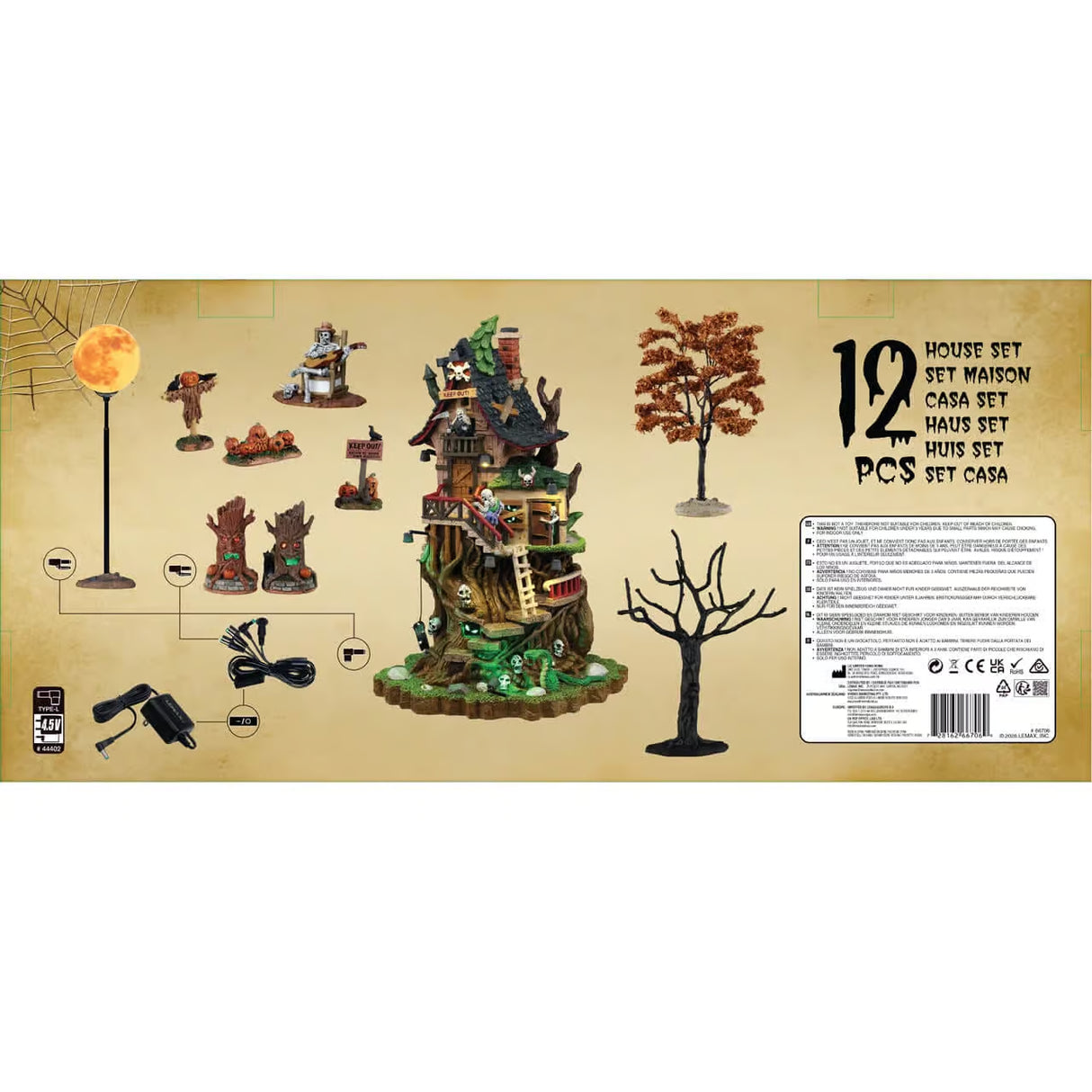 Bagsiden på æsken til Petrified Forest Tree House startsæt til Halloween fra Lemax