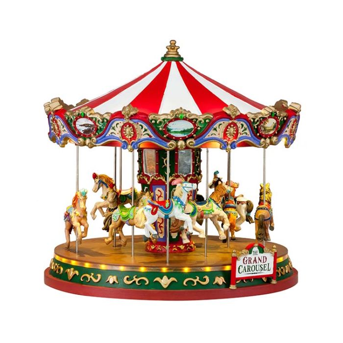 The Grand Carousel med flotte dekoreret heste, lys og karrusel musik fra Lemax. 