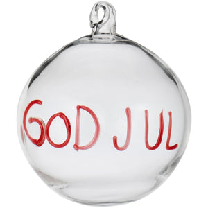 Julekule i klart glass med rød tekst GOD JUL fra Ib Laursen