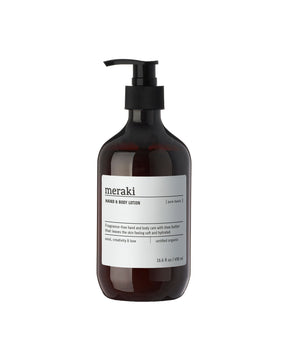 Parfymefri hånd- og kroppslotion fra Meraki med sheasmør i brun pumpeflaske med sort pumpehode, 490 ml