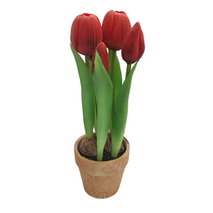 Lerpotte med kunstige røde tulipaner 25 cm høj