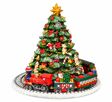 Spilledåse juletre med tog, 17 cm høyt