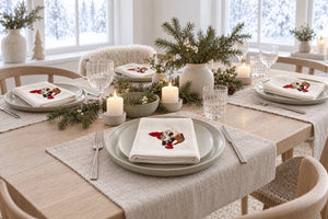 Julebord dekket med stoffservietter med brodert nisse med katt fra Juel  Brandt