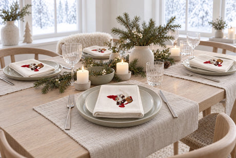 Julebord dekket med stoffservietter med brodert nisse med katt fra Juel  Brandt