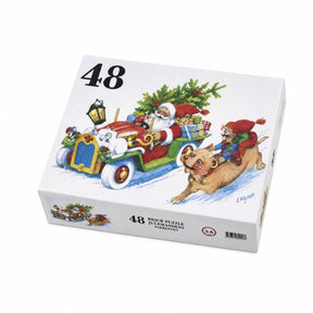 Vilhelm Hansen Puslespil 48 brikker med julemanden i bil og gris med nisse ved siden af