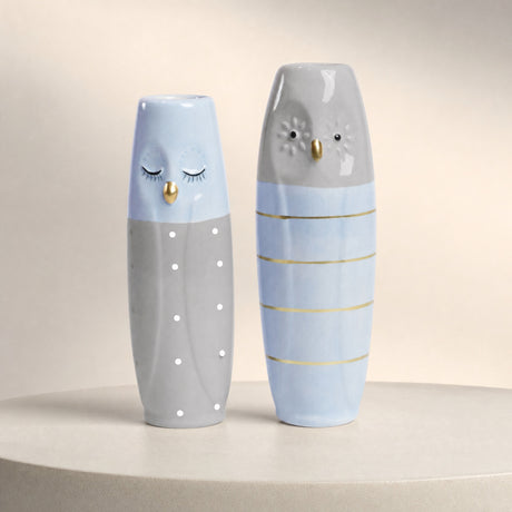 Vase Ugle 17 cm høj grå & lyseblå